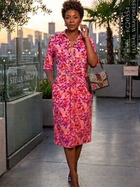 Stella Parker UPF Sun Protection Floral Twist Shirt Dress Pink Fuchsia Multicolo